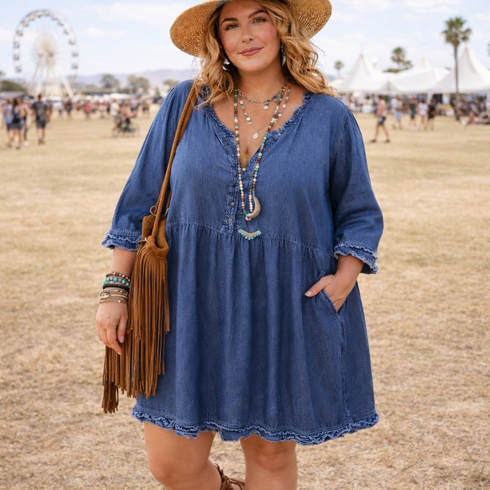 Woman Within Chambray Babydoll Tunic Dress Frayed Trim Denim 34W